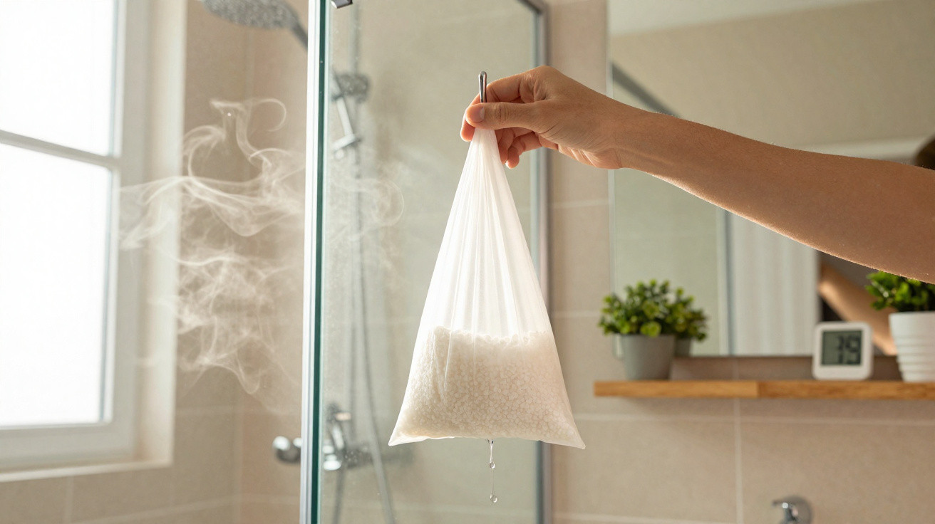 Hand hält einen Beutel mit weißen Perlen, Dampf im Badezimmer mit Dusche im Hintergrund.