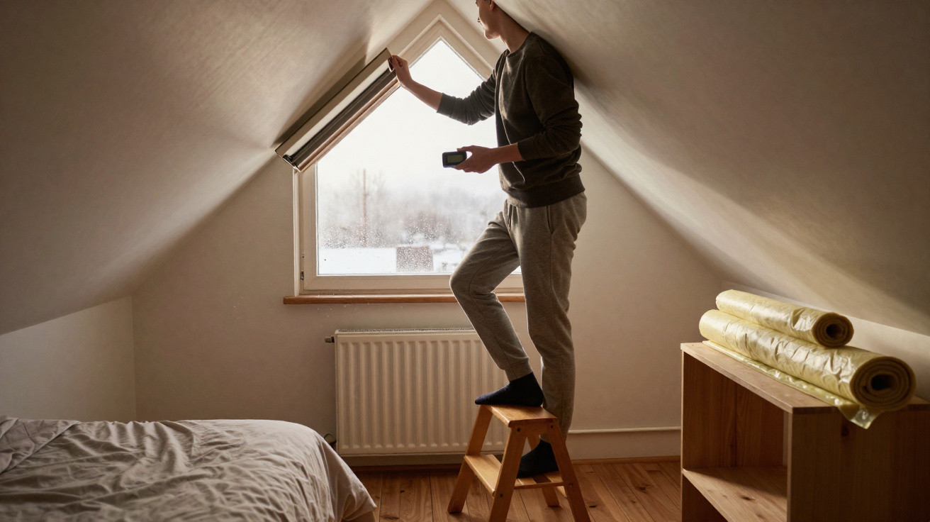 Person öffnet Dachfenster in einem gemütlichen, schrägen Dachzimmer mit Holzboden und Bett