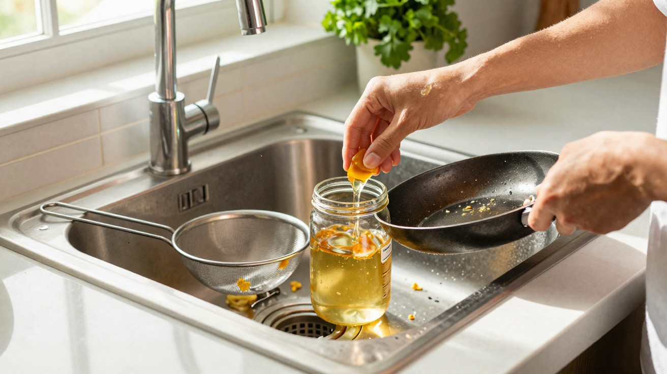 Person presst in der Küche mit Pfanne und Sieb Zitronensaft in ein Glas über der Spüle aus Edelstahl.