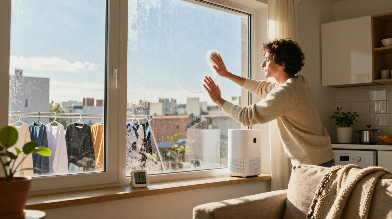 Junge Person reinigt sonniges Fenster in gemütlicher Wohnung mit Wäscheständer draußen auf dem Balkon.