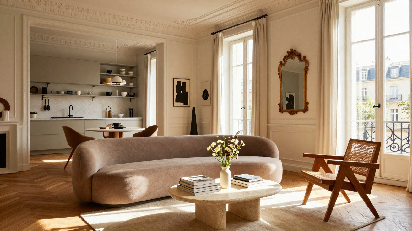 Helles Wohnzimmer mit braunem Sofa, runden Couchtisch, Holzboden und großen Fenstern mit Blick auf Balkone.