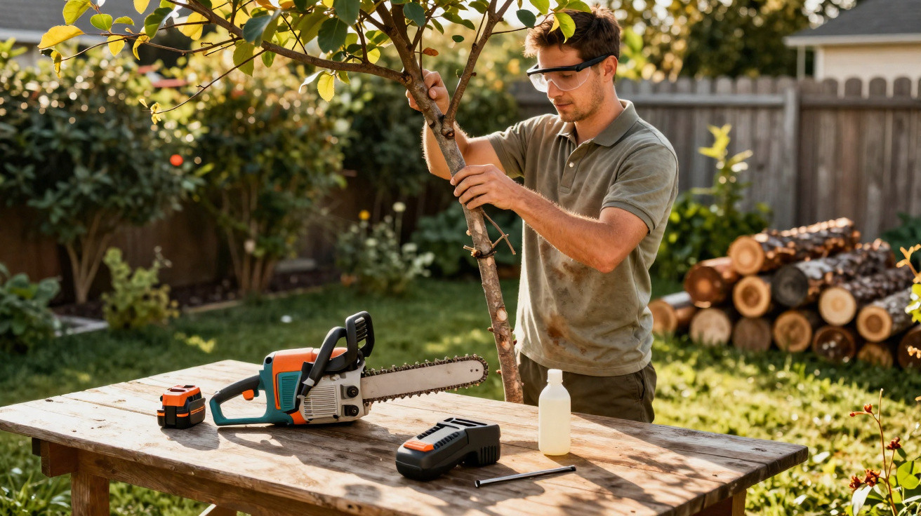 Mann mit Schutzbrille setzt Baumstamm für das Fällen in einem sonnigen Garten auf einen Holztisch.