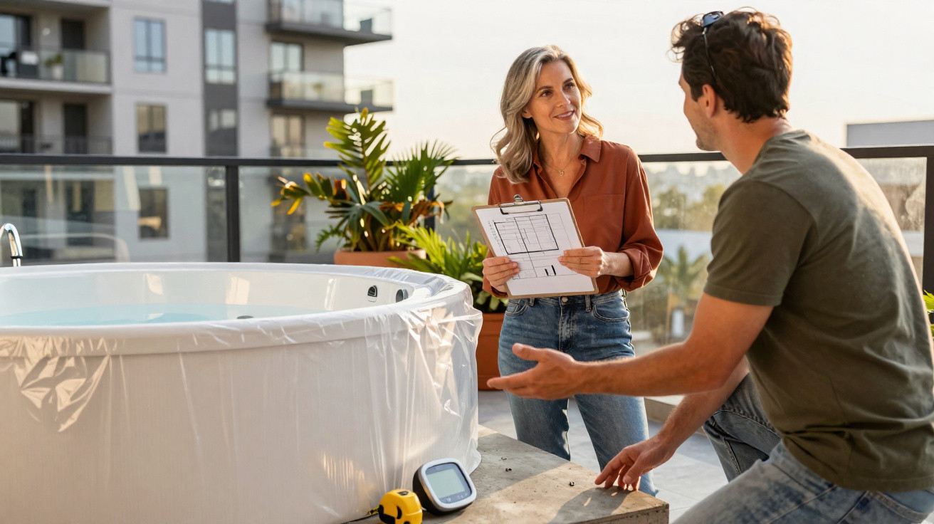 Frau und Mann besprechen auf Balkon neben aufblasbarem Whirlpool mit Messgerät und Bauplan