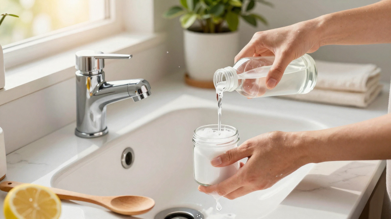 Person gießt Flüssigkeit aus Plastikflasche in Glasbehälter an weißem Küchenspülbecken mit Holzlöffel und Zitrone.