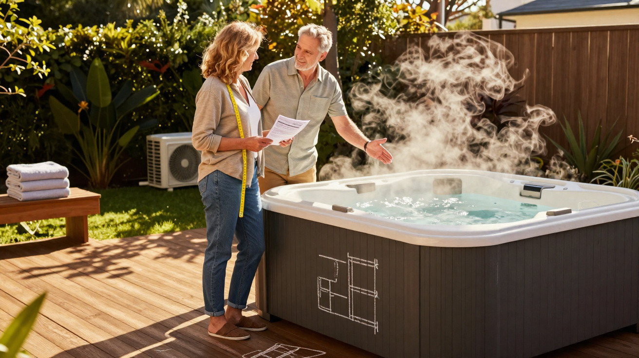 Älteres Paar bespricht Pläne neben dampfendem Whirlpool auf Holzterrasse im Garten bei Sonnenschein.
