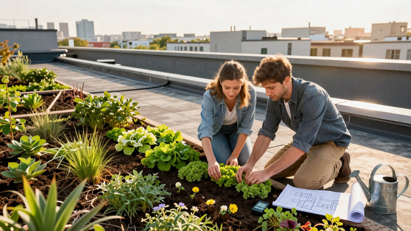 Junges Paar bepflanzt gemeinsam einen begrünten Dachgarten bei sonnigem Wetter mit urbaner Stadtkulisse.