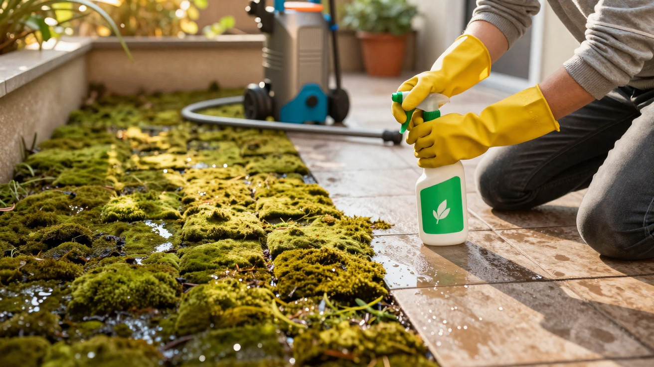 Person mit gelben Handschuhen sprüht Unkrautvernichter auf moosbedeckten Terrassenplatten im Garten.
