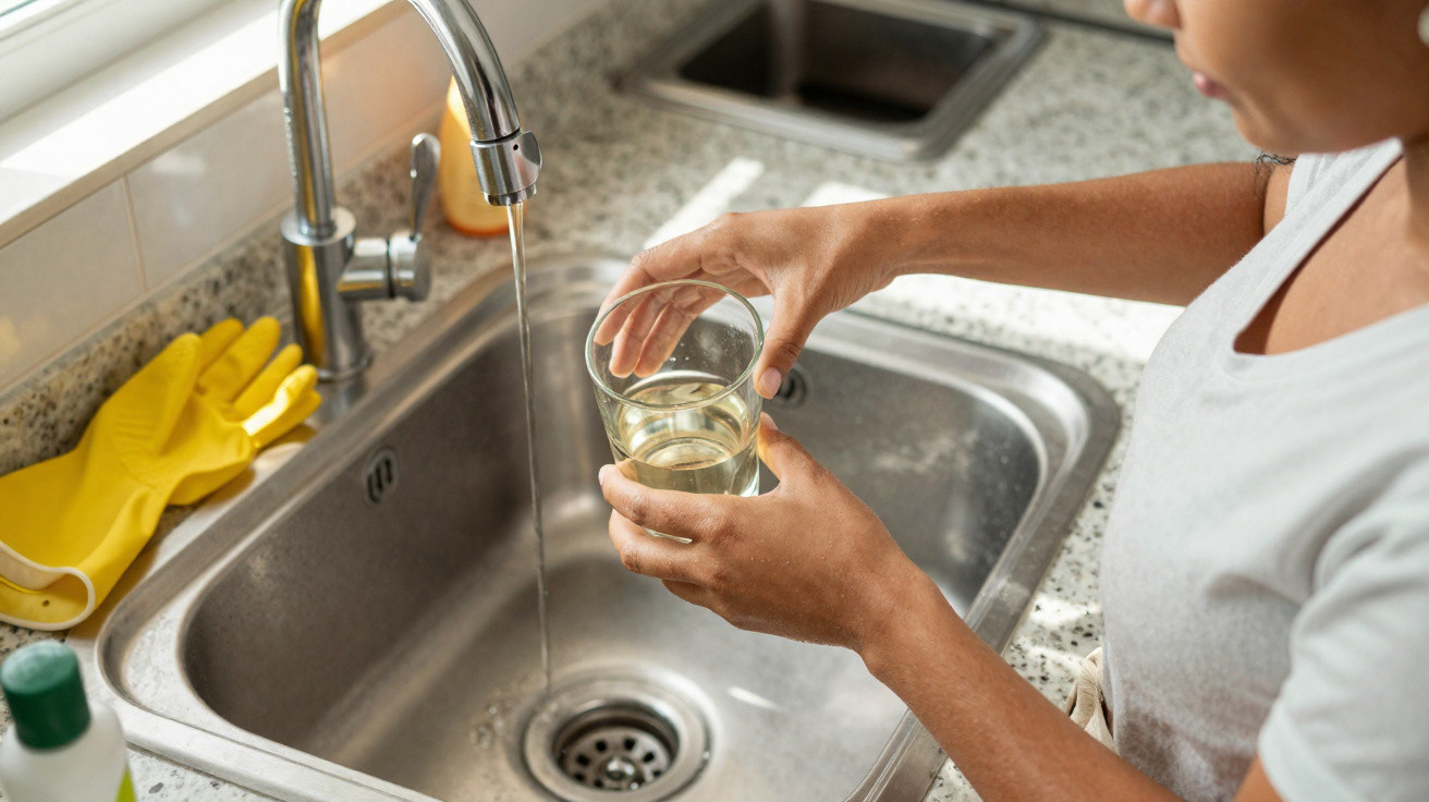 Frau füllt ein Glas mit Wasser aus dem Wasserhahn in einer Küchenspüle.
