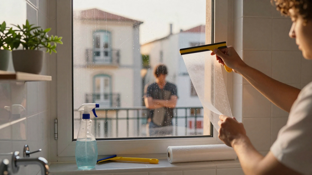 Person bringt Sichtschutzfolie an einem Küchenfenster an, draußen unscharf Balkon mit Person sichtbar.