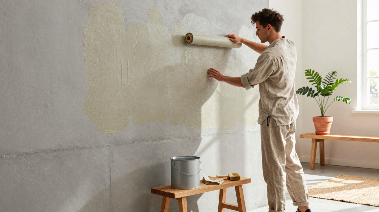 Mann tapeziert mit Farbroller eine Wand, neben ihm Eimer und Werkzeug auf einer Bank im hellen Raum.