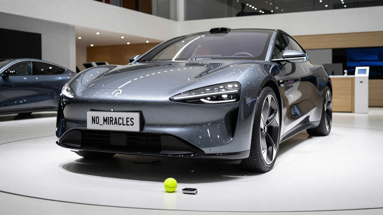Graues Nio Elektroauto mit auffälligen LED-Scheinwerfern auf Ausstellung, Tennissball und Schlüssel davor auf Boden.