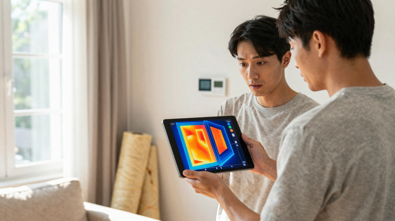 Zwei Männer prüfen mit einem Tablet ein Wärmebild eines Fensters in einem hellen Zimmer.