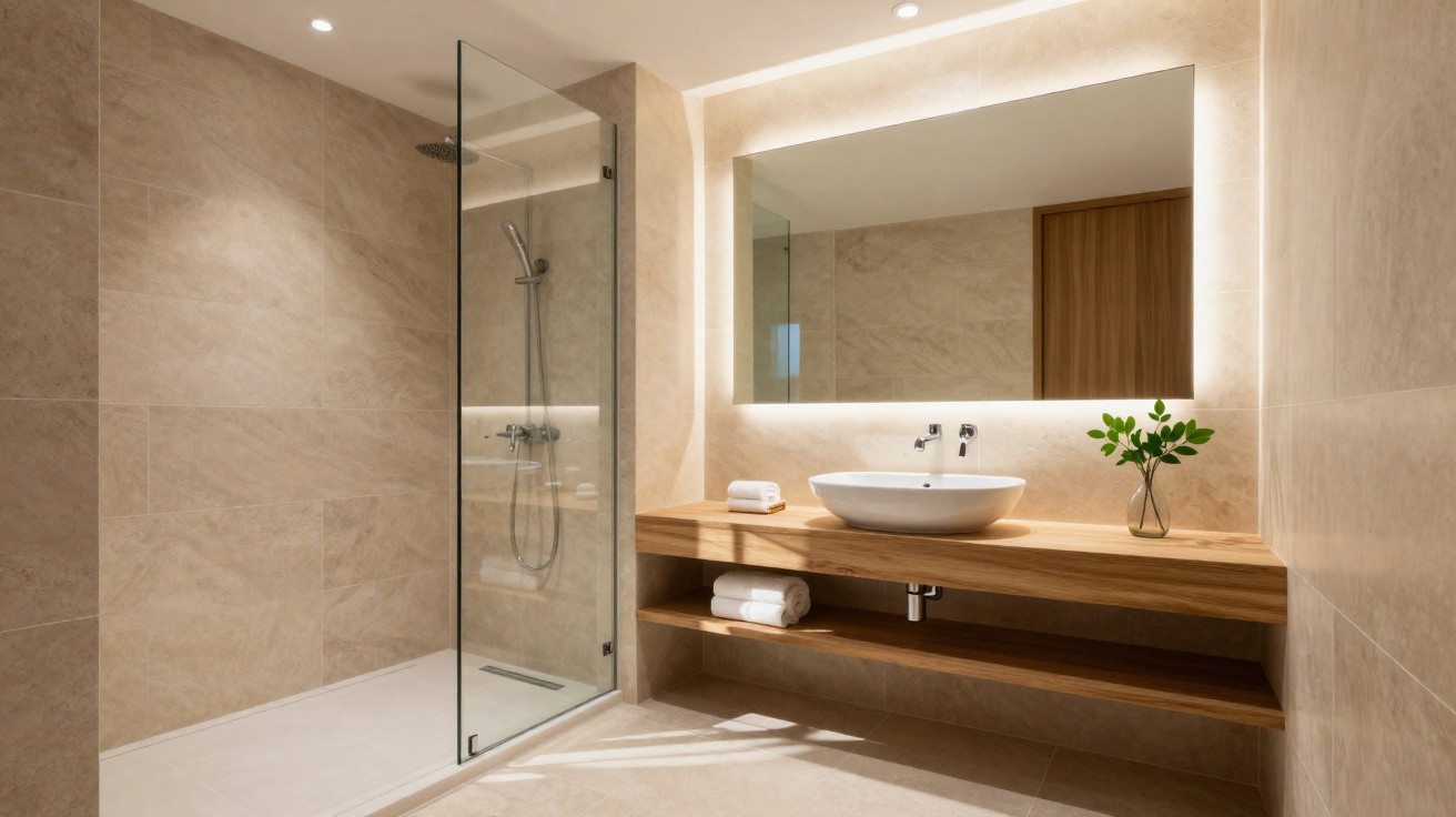 Modernes Badezimmer mit begehbarer Dusche, großem beleuchtetem Spiegel und Holzwaschtisch mit Waschbecken und Deko.