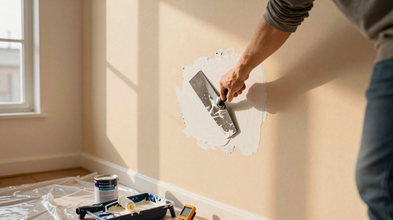 Hand trägt Glättkelle und trägt Spachtelmasse auf beige Wand auf, daneben Malerutensilien auf Boden.