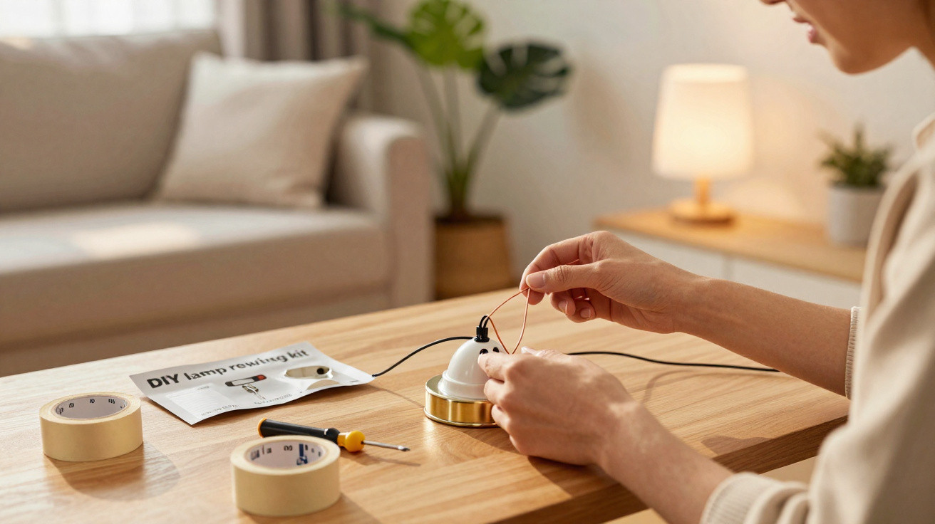 Person montiert eine DIY-Lampenfassung mit Drähten an einem Holztisch im Wohnzimmer.
