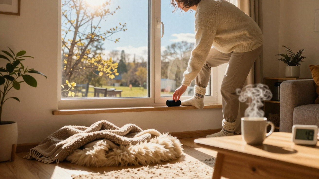 Frau stellt Smart Speaker auf Fensterbank, gemütliches Wohnzimmer mit Tageslicht und dampfender Tasse auf Tisch.