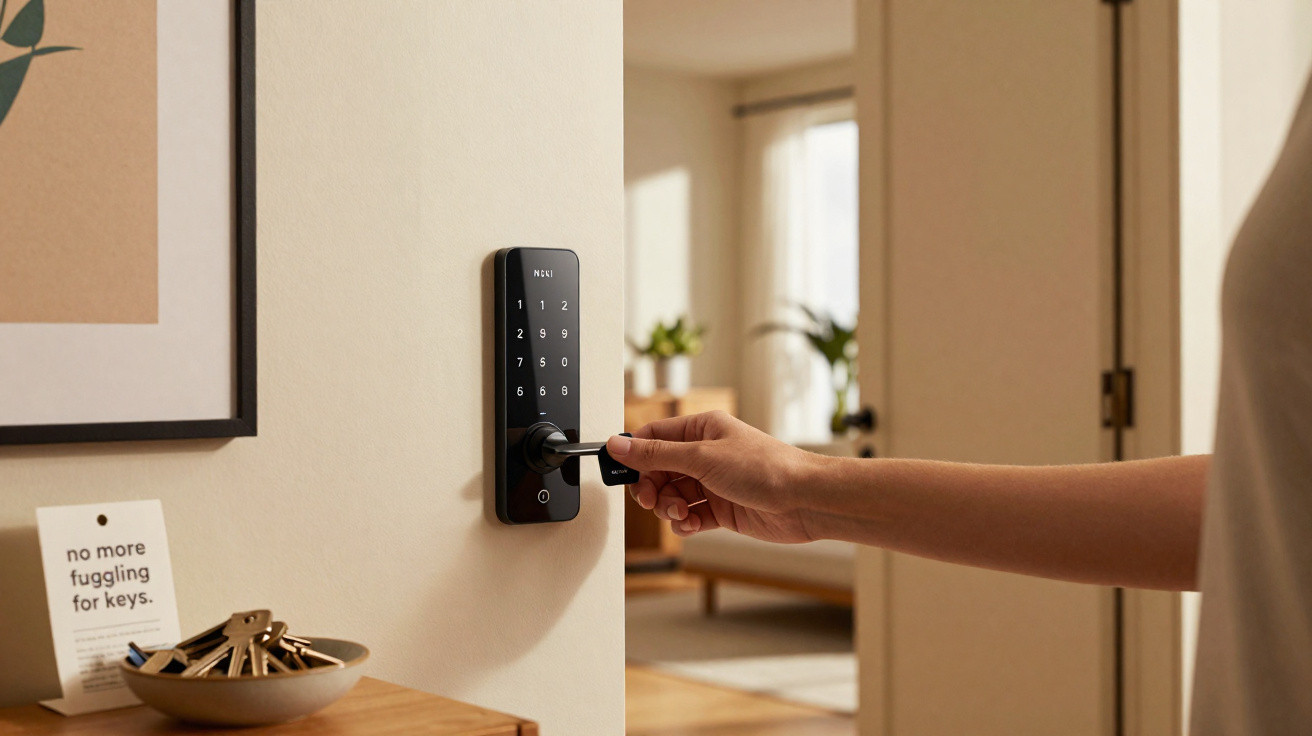 Hand führt Schlüssel in modernes elektronisches Türschloss mit Zahlenfeld in wohnlicher Umgebung ein