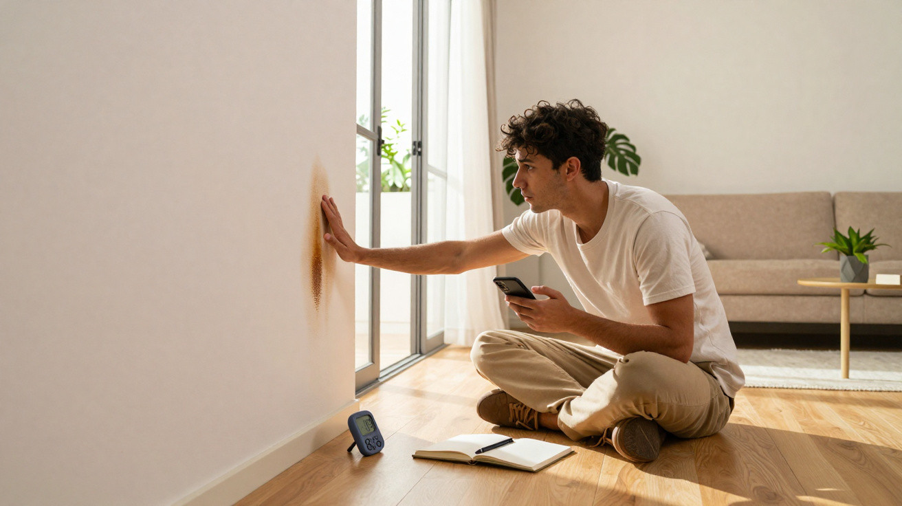 Junger Mann sitzt am Boden und untersucht eine Feuchtigkeitsfleck an der Wand mit Handy und Messgerät.