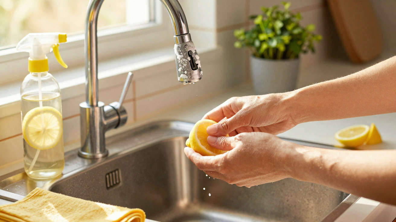 Hände drücken Saft aus einer Zitronenhälfte über einer Spüle mit Wasserhahn und Reinigungsspray.