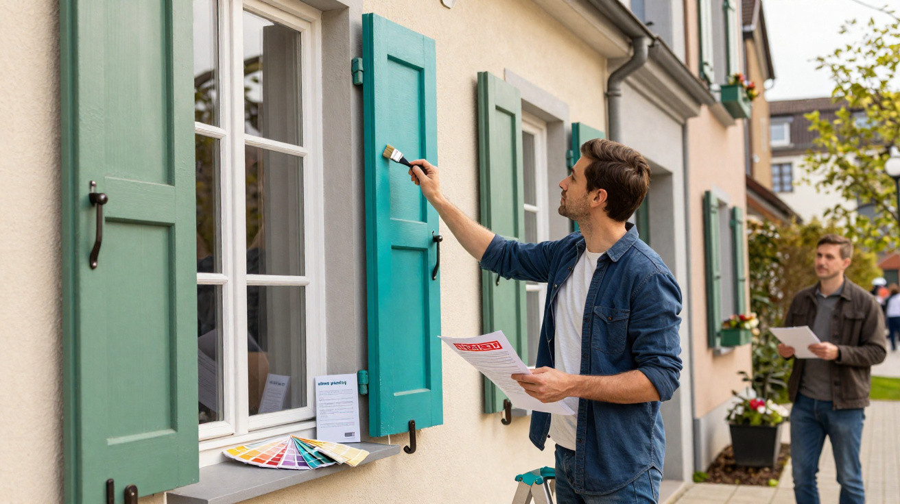 Mann streicht ein Fensterläden in türkis, daneben Farbproben auf Fensterbank, weitere Person mit Papier im Hintergrund.