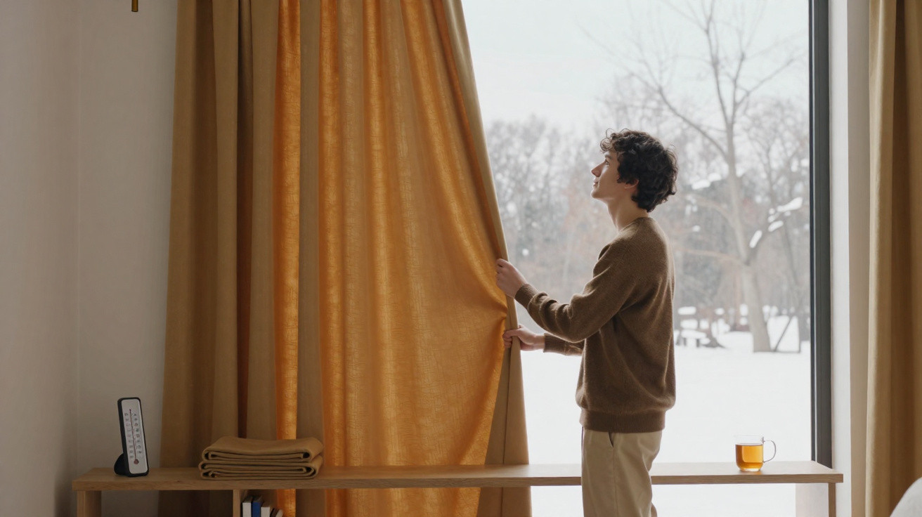 Person öffnet goldbraune Vorhänge vor großem Fenster, draußen verschneite Landschaft sichtbar.