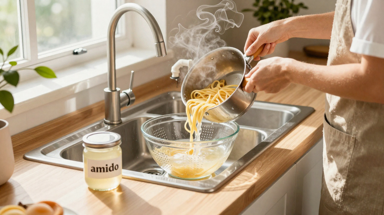 Dampfende Spaghetti werden von einem Topf in ein Sieb über der Spüle in moderner Küche gegossen.