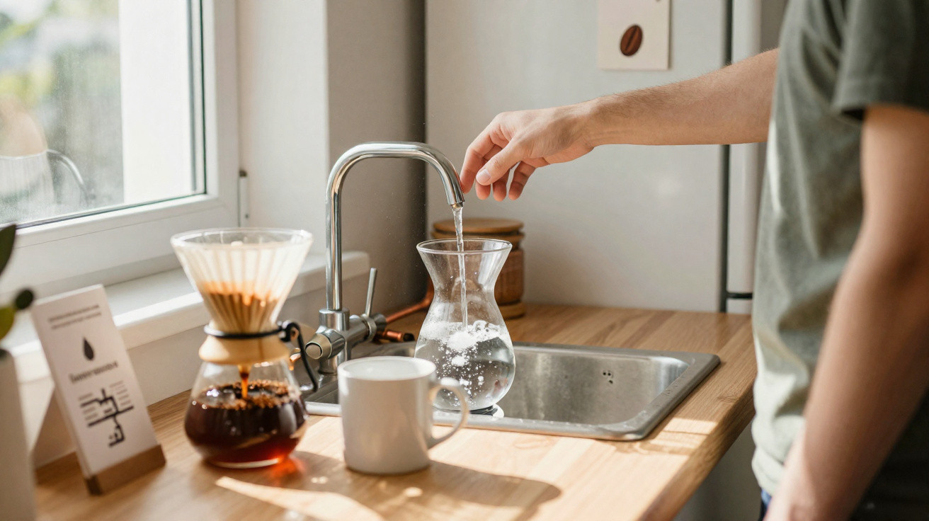 Wasser wird aus einem Wasserhahn in eine Karaffe in einer hellen Küche gefüllt, Kaffeekanne und Tasse stehen bereit.