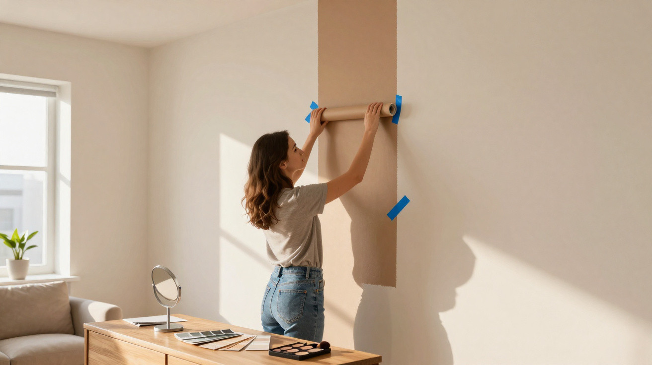 Frau bringt Tapetenrolle an, helle gestrichene Wand, sonniger Raum mit Fenster und Schreibtisch.
