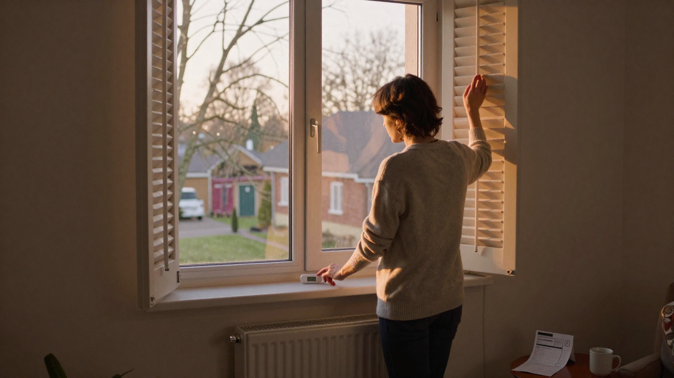 Frau öffnet abends ein Fenster, Licht fällt auf sie, Blick nach draußen auf Häuser und Baum.
