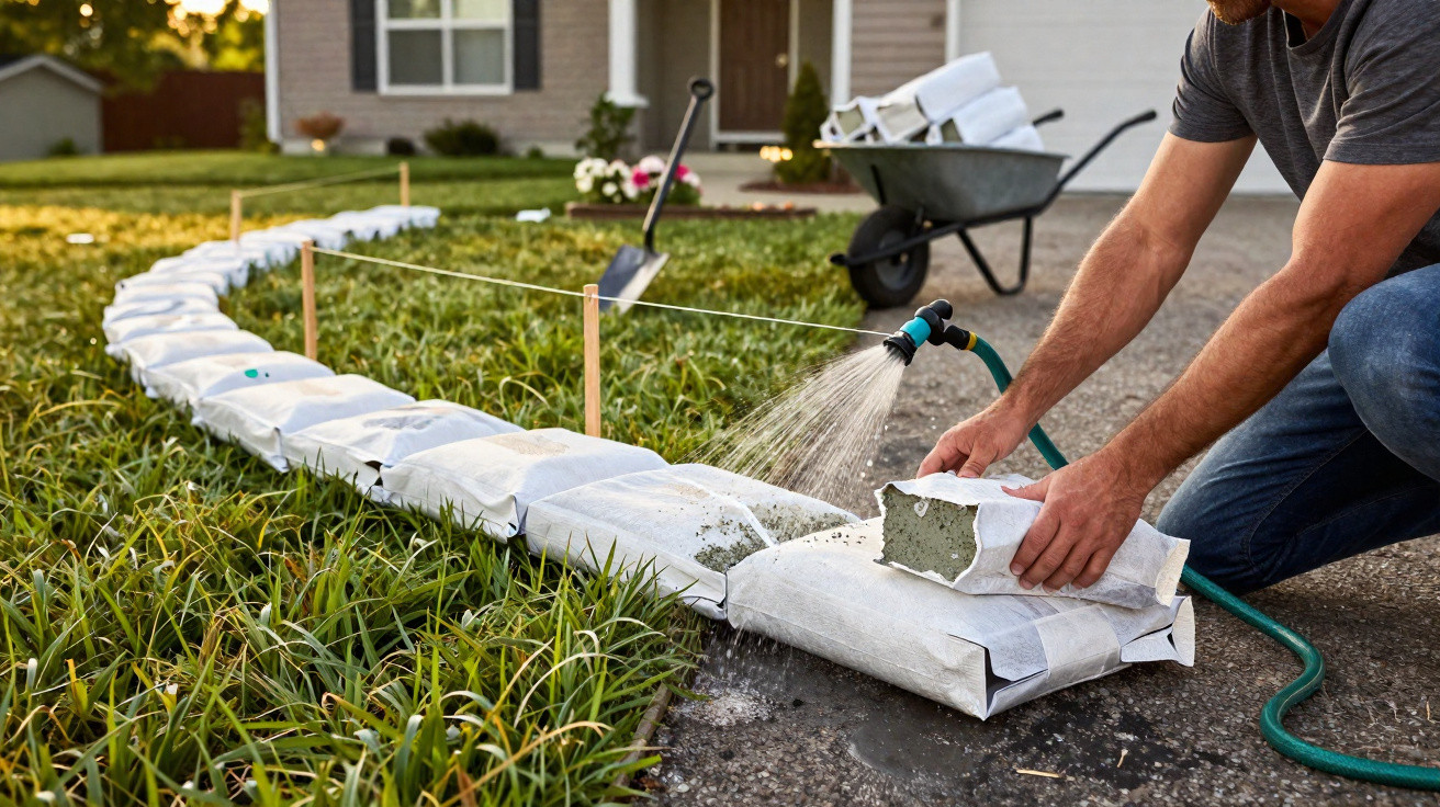 Mann gießt mit Gartenschlauch Hydrierbetonblöcke, die eine Gartenmauer vor einem Haus formen.