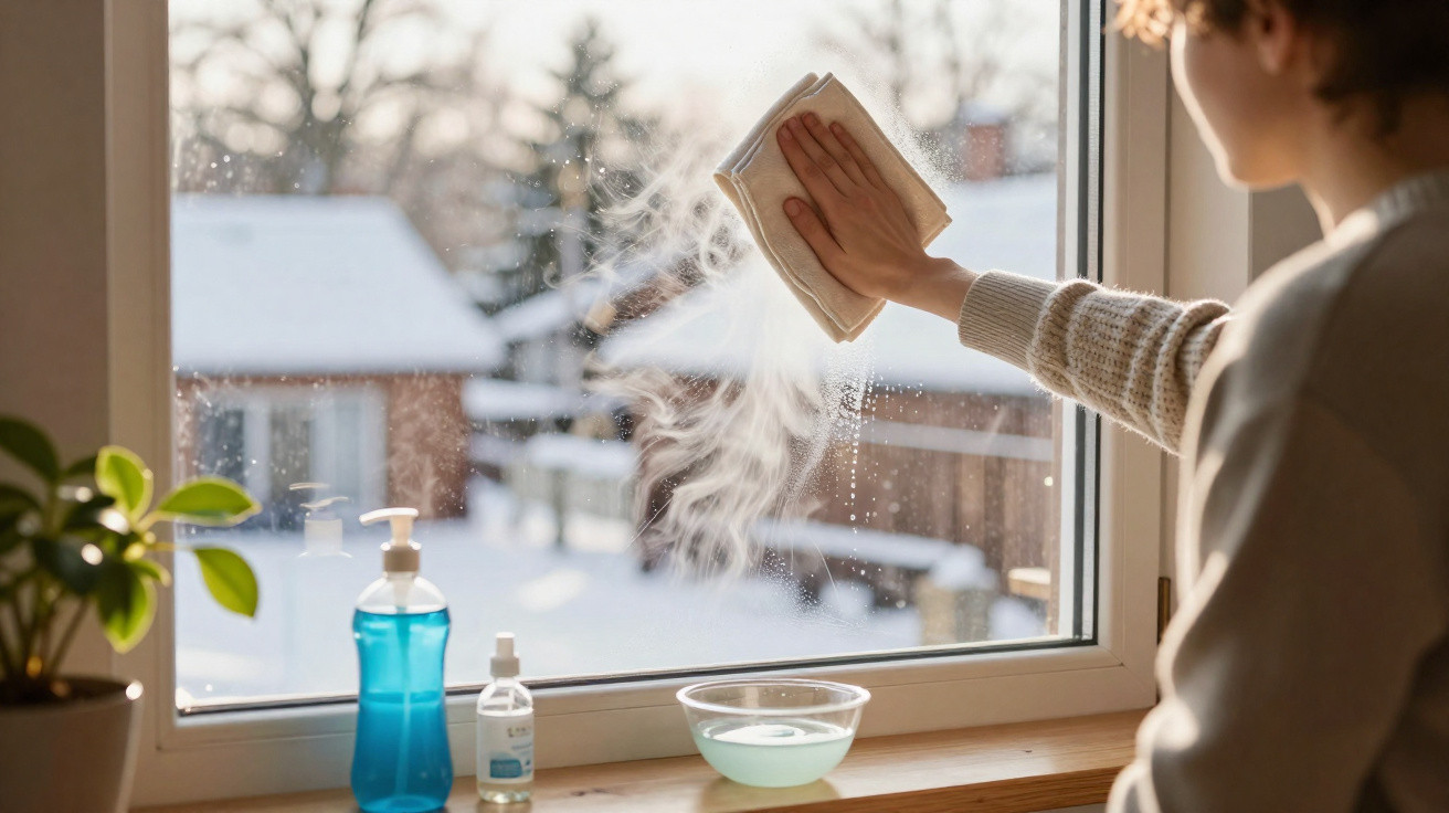 Person wischt mit Tuch ein großes Fenster, draußen Schnee und Häuser, Reinigungslotion und Pflanze auf Fensterbank.