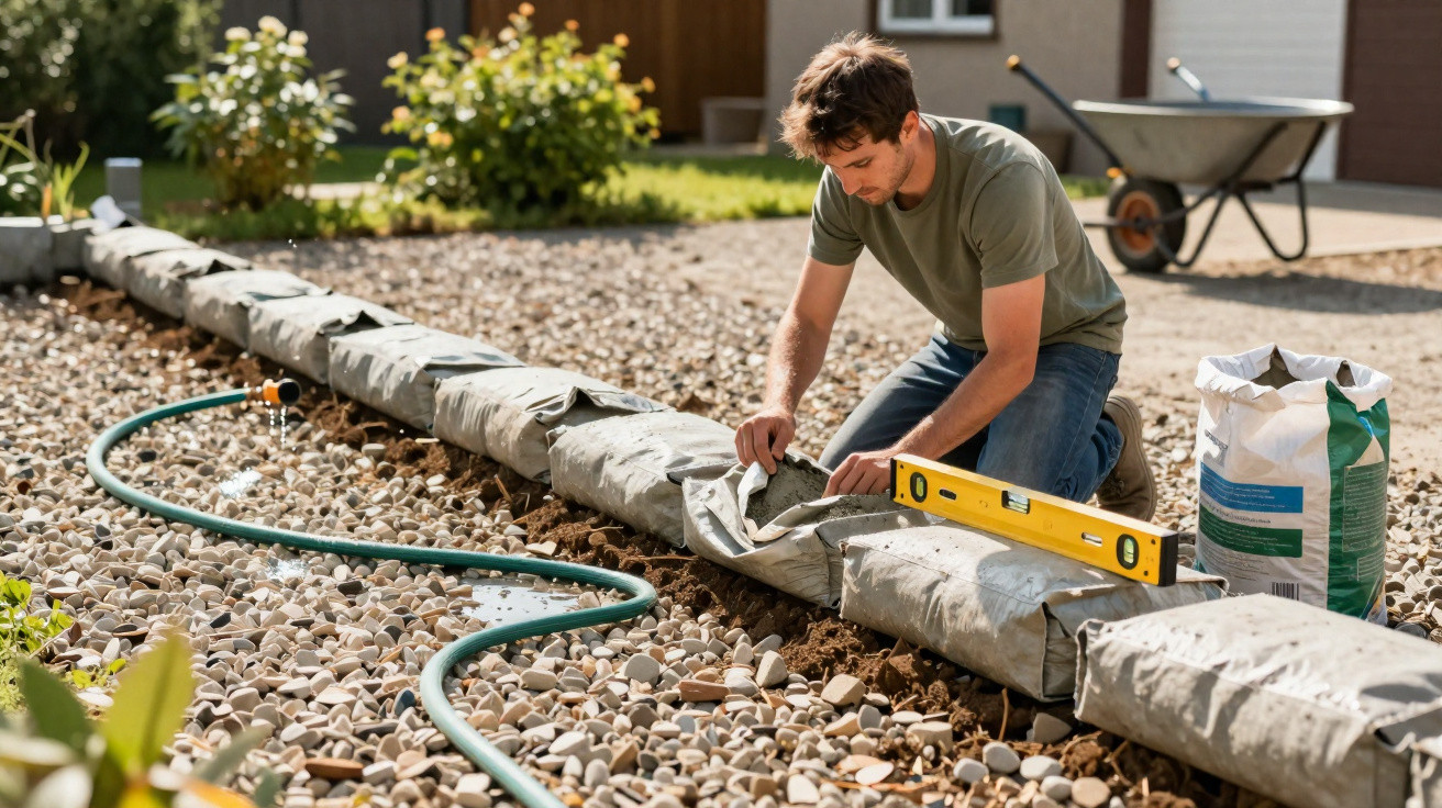 Mann kniet im Garten und arbeitet mit Zement an einem Randstein mit Wasserwaage neben Kiesweg.
