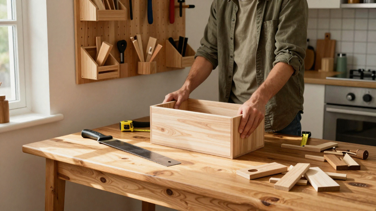 Mann baut eine Holzkiste in heller Werkstatt mit Handwerkzeugen an einem Holztisch zusammen.