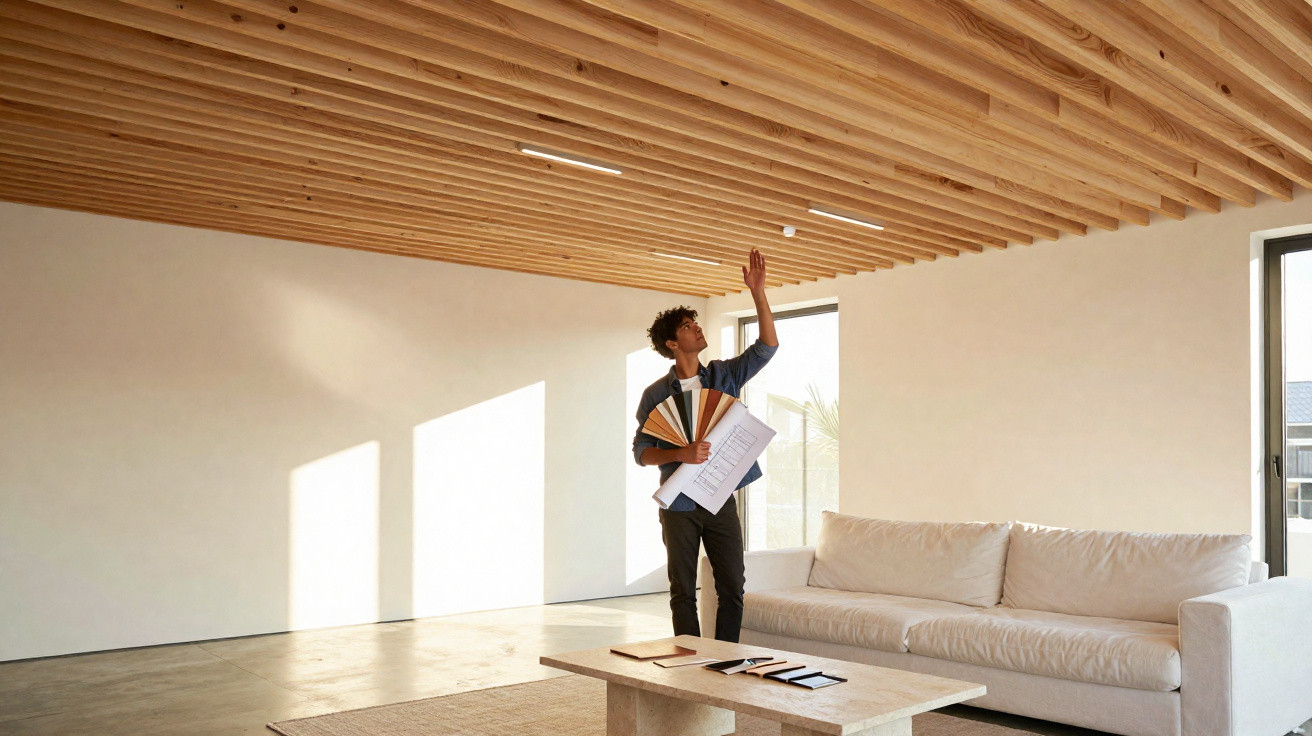 Mann mit Farbfächern und Bauplänen prüft moderne Holzbalkendecke in hellem, minimalistischem Wohnzimmer mit Sofa.