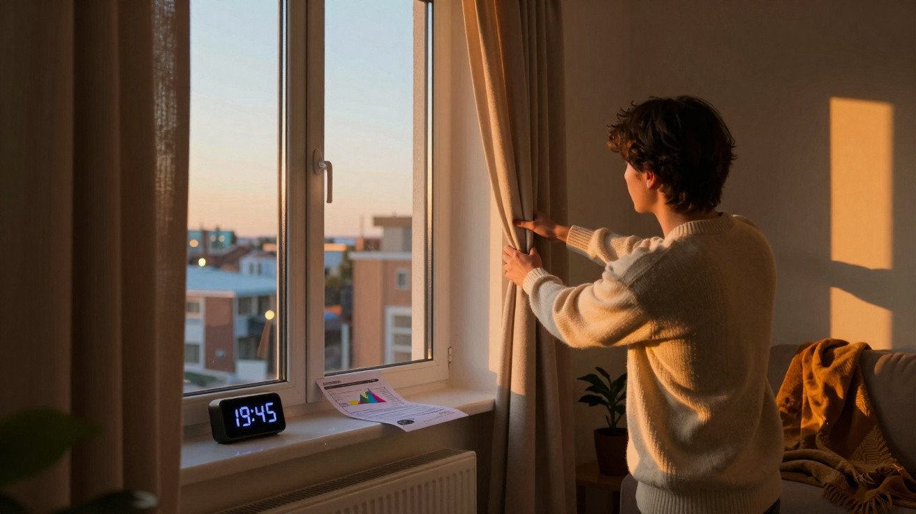 Person öffnet am Abend zu Hause einen Vorhang vor einem Fenster mit Blick auf Häuser.