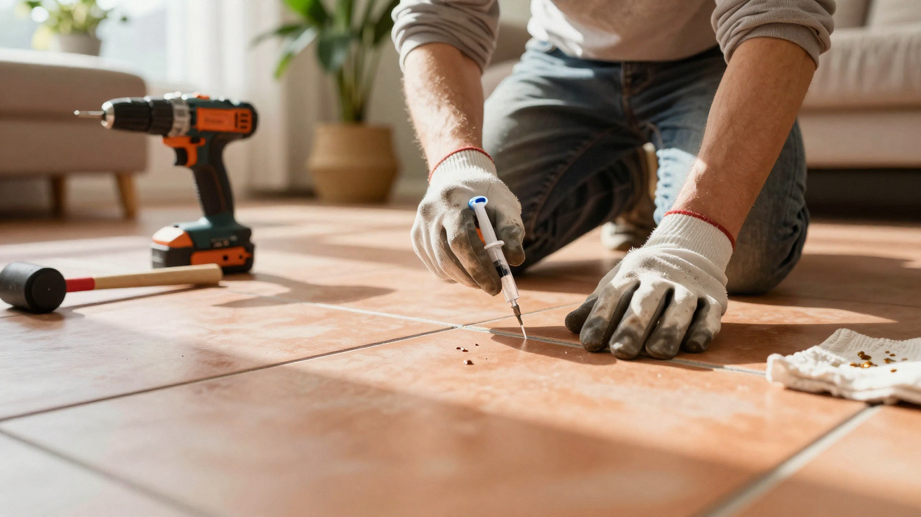 Person in Arbeitshandschuhen trägt Reparaturmaterial mit Spritze auf Fliesenboden auf, Bohrmaschine und Hammer im Hintergrund