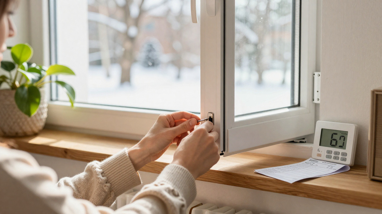Person öffnet ein gekipptes Fenster mit Schlüssel, Thermostat zeigt 67 Grad, Pflanze steht auf dem Fensterbrett.