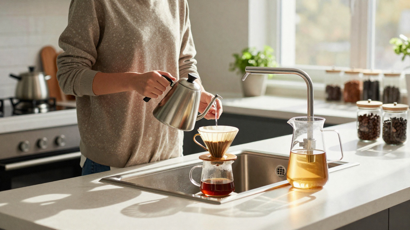 Person gießt heißes Wasser aus einer Kaffeekanne in einen Filter zum Aufbrühen von Kaffee in moderner Küche.
