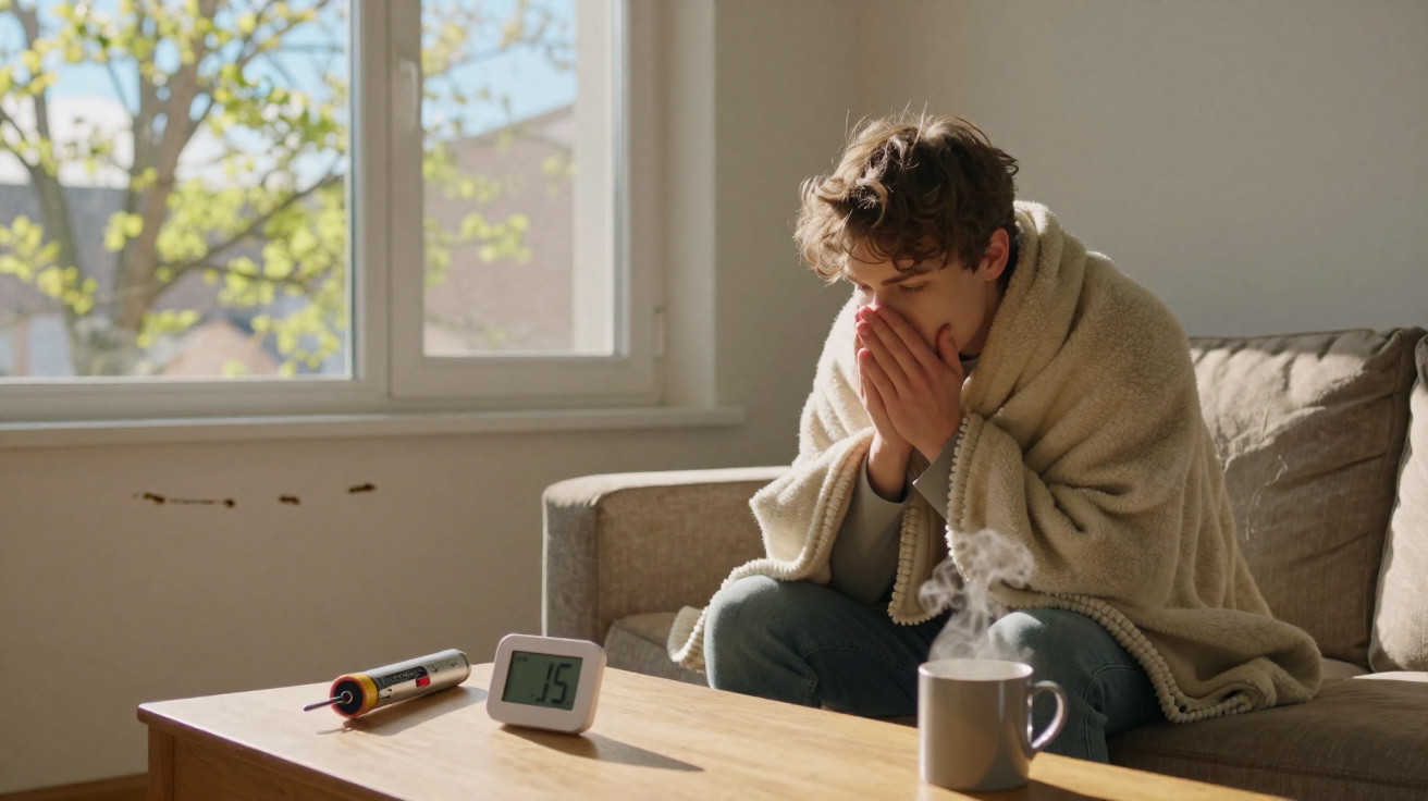 Junger Mann mit Decke sitzt auf Sofa, hält Hände vor Mund, thermische Messgeräte und dampfende Tasse auf Tisch.