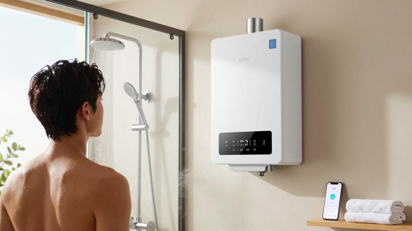 Person steht unter der Dusche, neben einer modernen Gastherme an der Wand und einem Smartphone auf einem Regal.