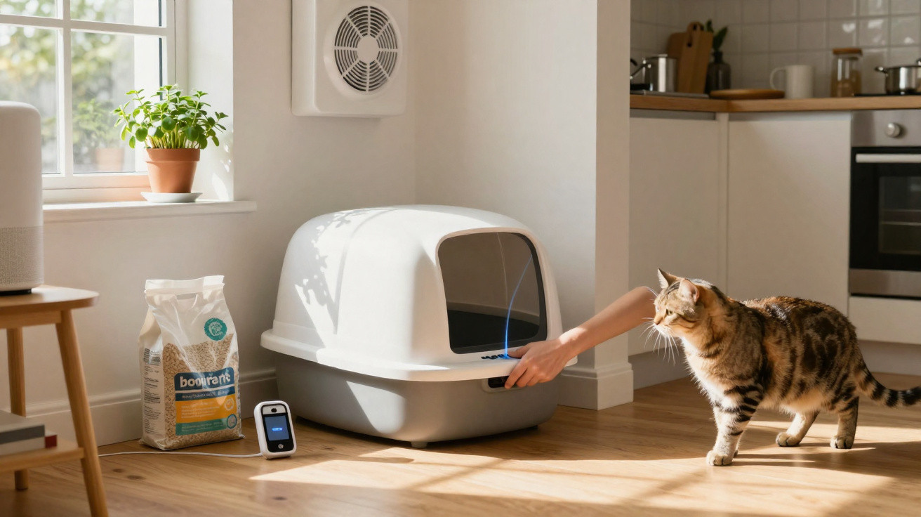 Katze in moderner Küche neben automatischer haubenförmiger Katzentoilette mit Hand, die Sensor bedient.