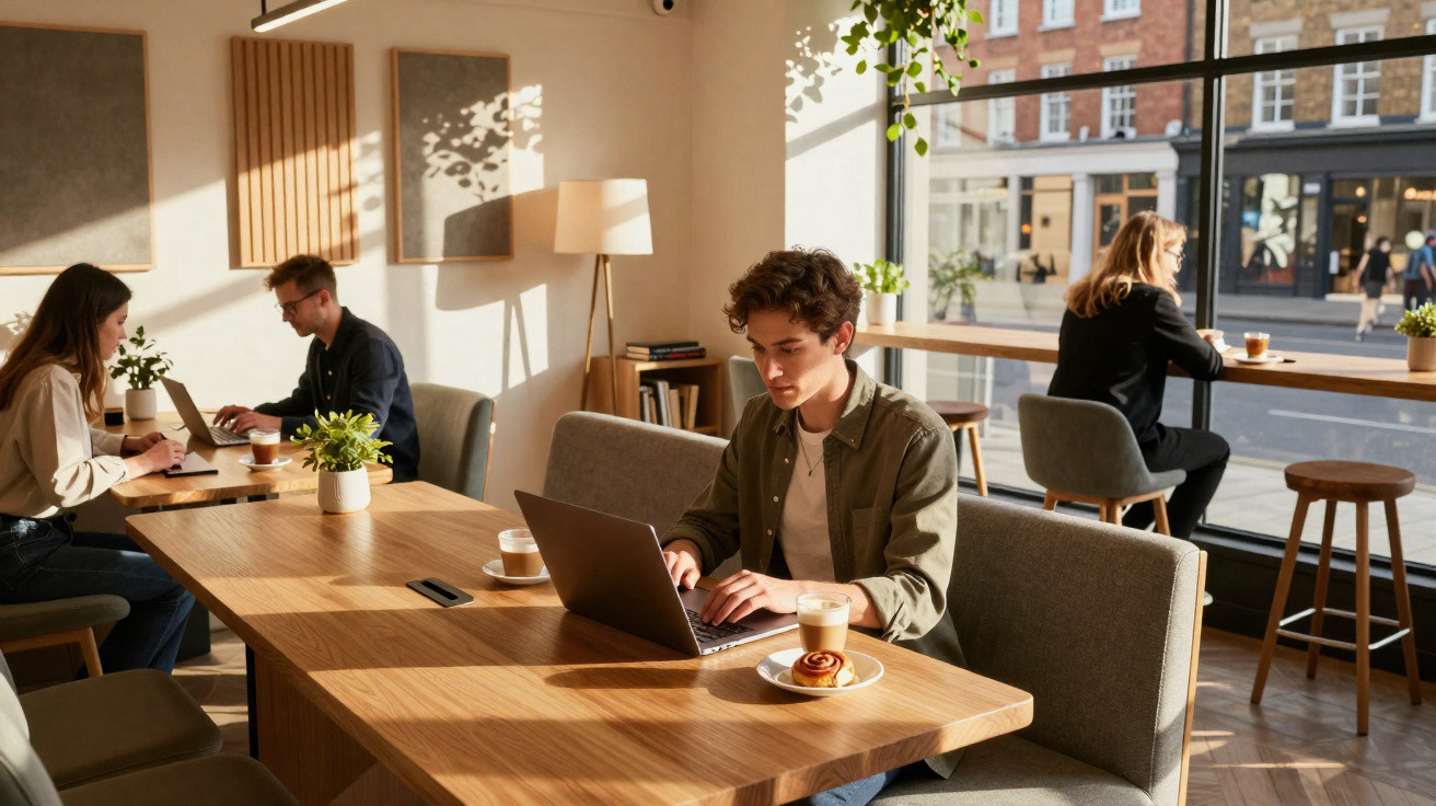 Junge Menschen arbeiten und genießen Getränke in einem modern eingerichteten Café mit viel Tageslicht.