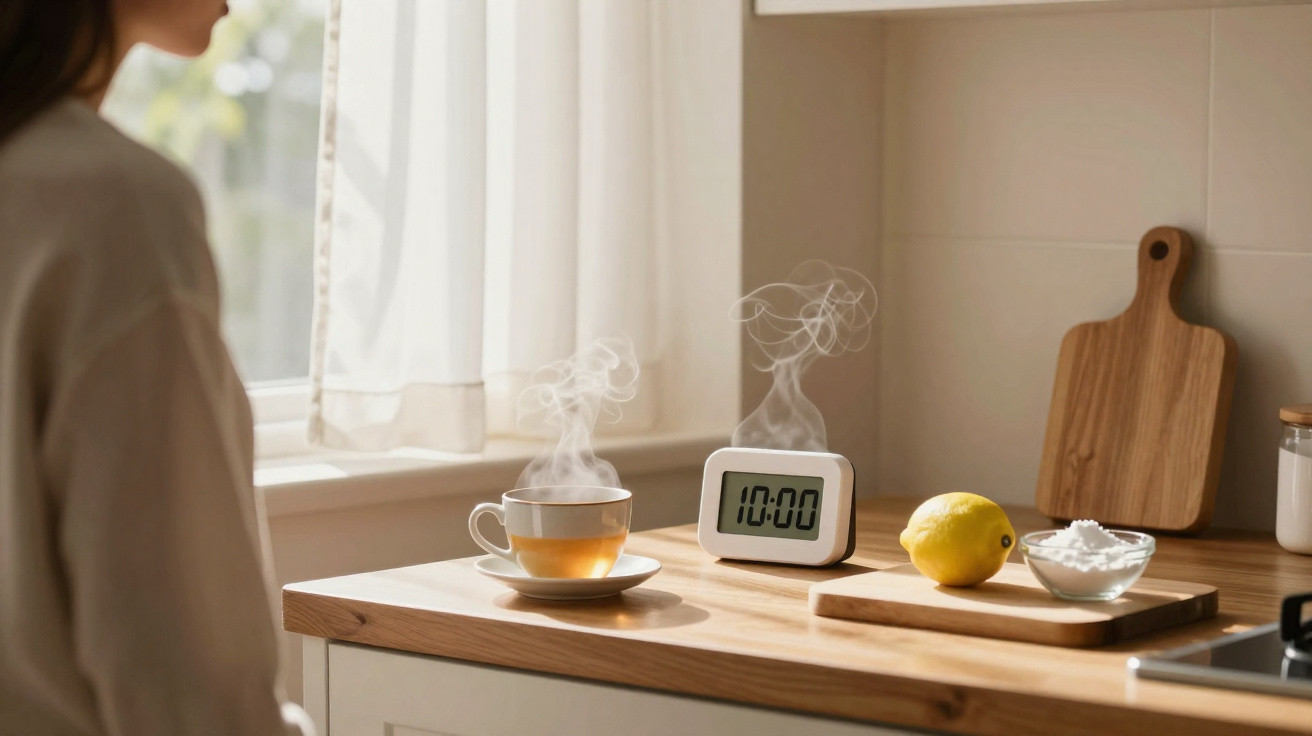 Frau sitzt in der Küche neben dampfender Teetasse, digitaler Uhr zeigt 10:00, Zitrone und Zutaten auf Holzbrett.
