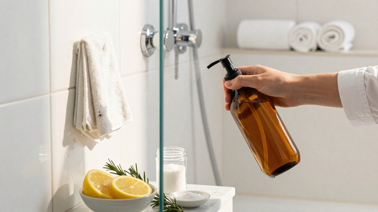 Hand hält braune Seifenspenderflasche vor Badezimmerwand mit Handtuch, Zitronen und Badeutensilien.