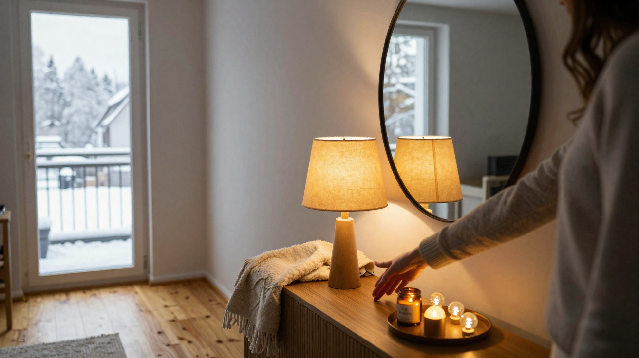 Person zündet Kerzen auf Holztisch mit Lampe und rundem Spiegel in gemütlichem Raum an, draußen Schnee sichtbar.