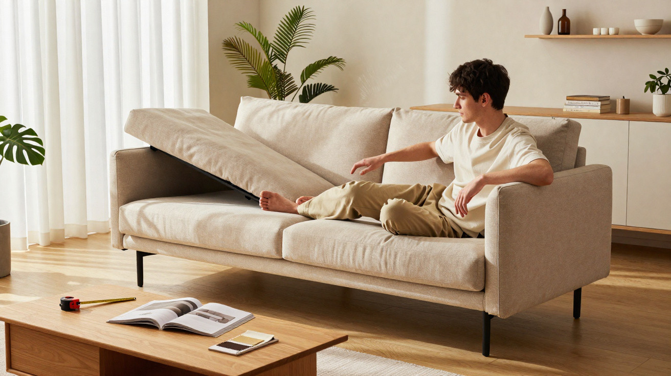 Junger Mann öffnet Sitzfläche eines modernen Sofas zur Aufbewahrung in hellem Wohnzimmer.