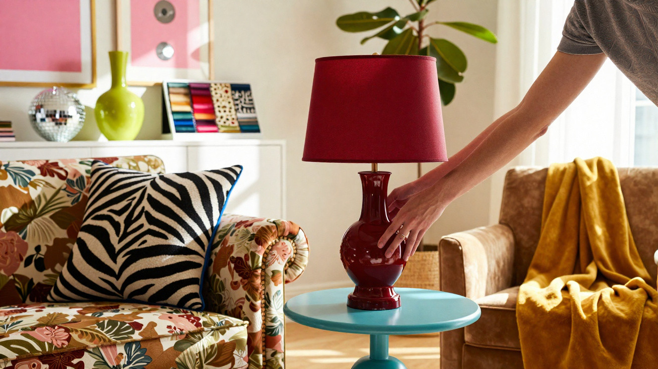Hand stellt rote Tischlampe auf blauen Beistelltisch neben gemustertem Sofa und beigen Sessel mit gelber Decke.