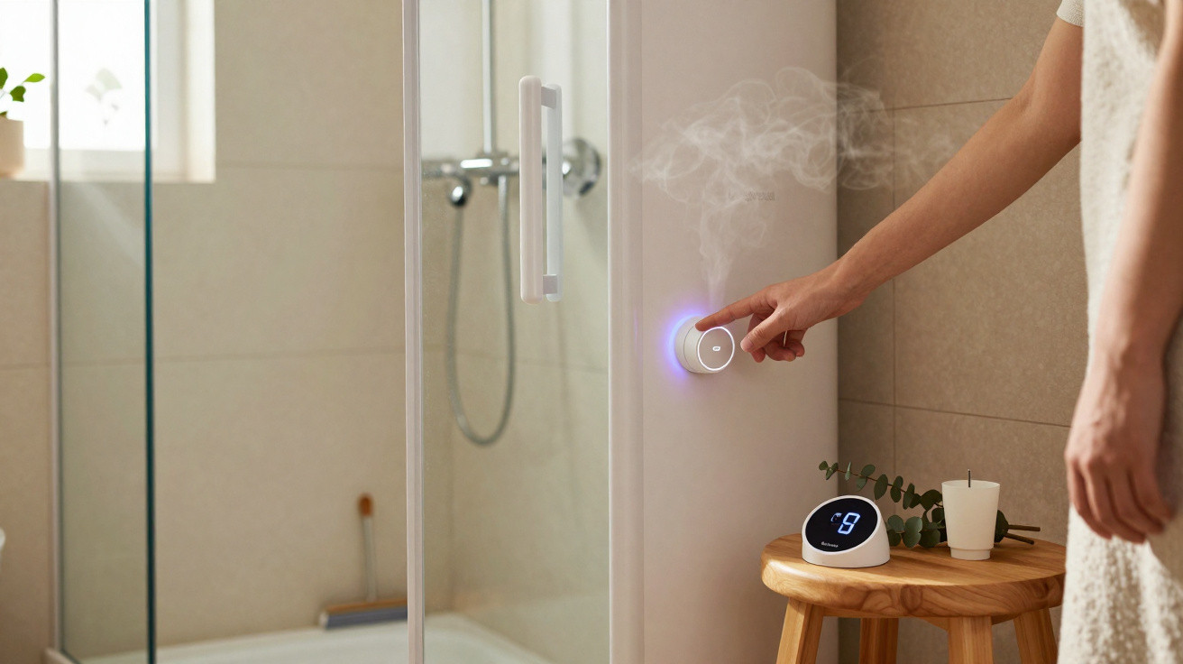 Person aktiviert Aromadiffusor an Badezimmerwand neben Duschkabine, weiße Kerze und digitales Thermometer auf Holzhocker.
