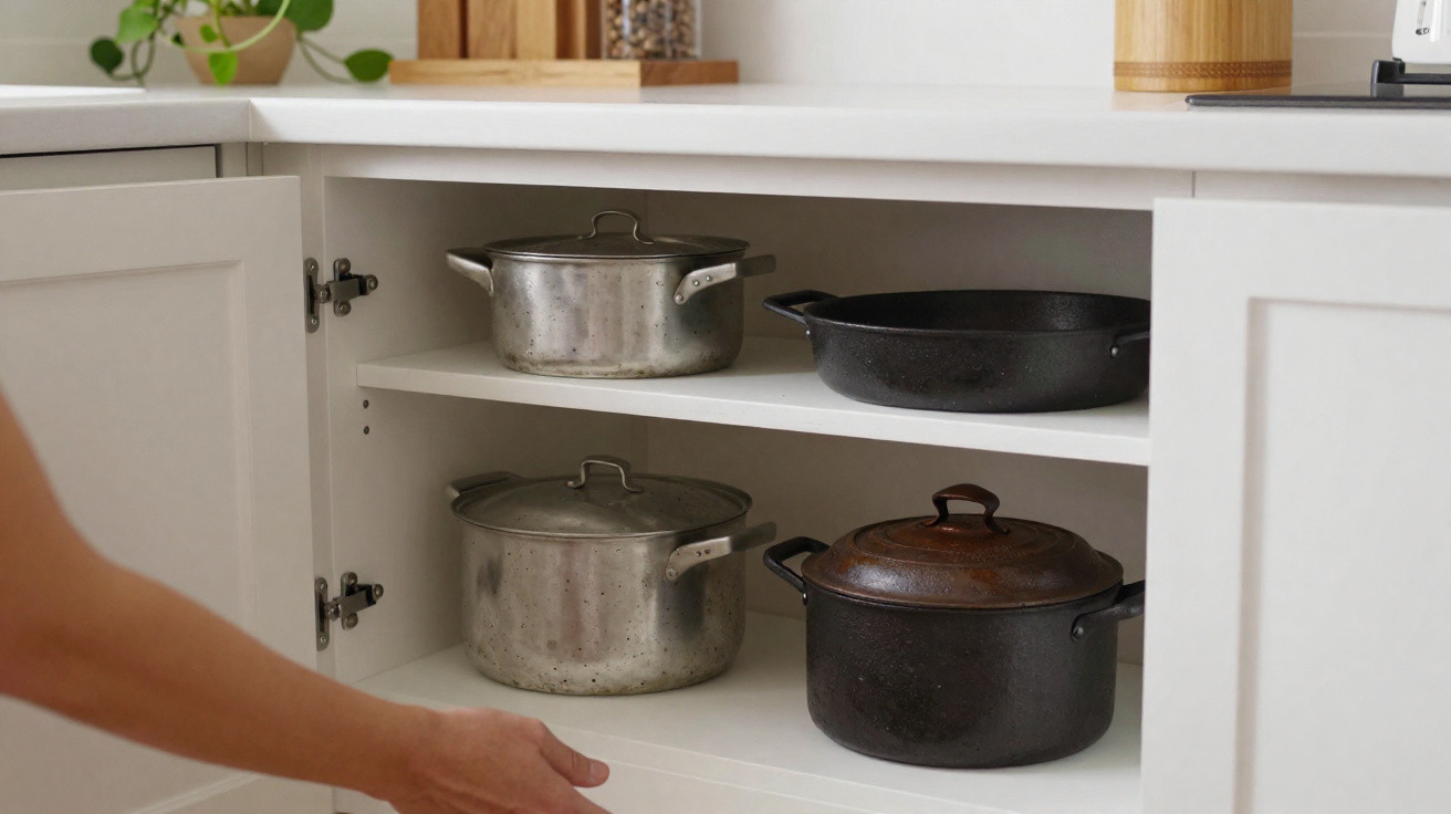 Küchenschrank mit Töpfen und Pfannen aus Metall und Gusseisen, Hand öffnet die Tür.