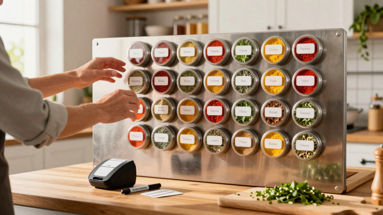 Magnetisches Gewürzregal mit 30 beschrifteten Gewürzgläsern auf Küchenarbeitsplatte, Hände greifen nach Glas.
